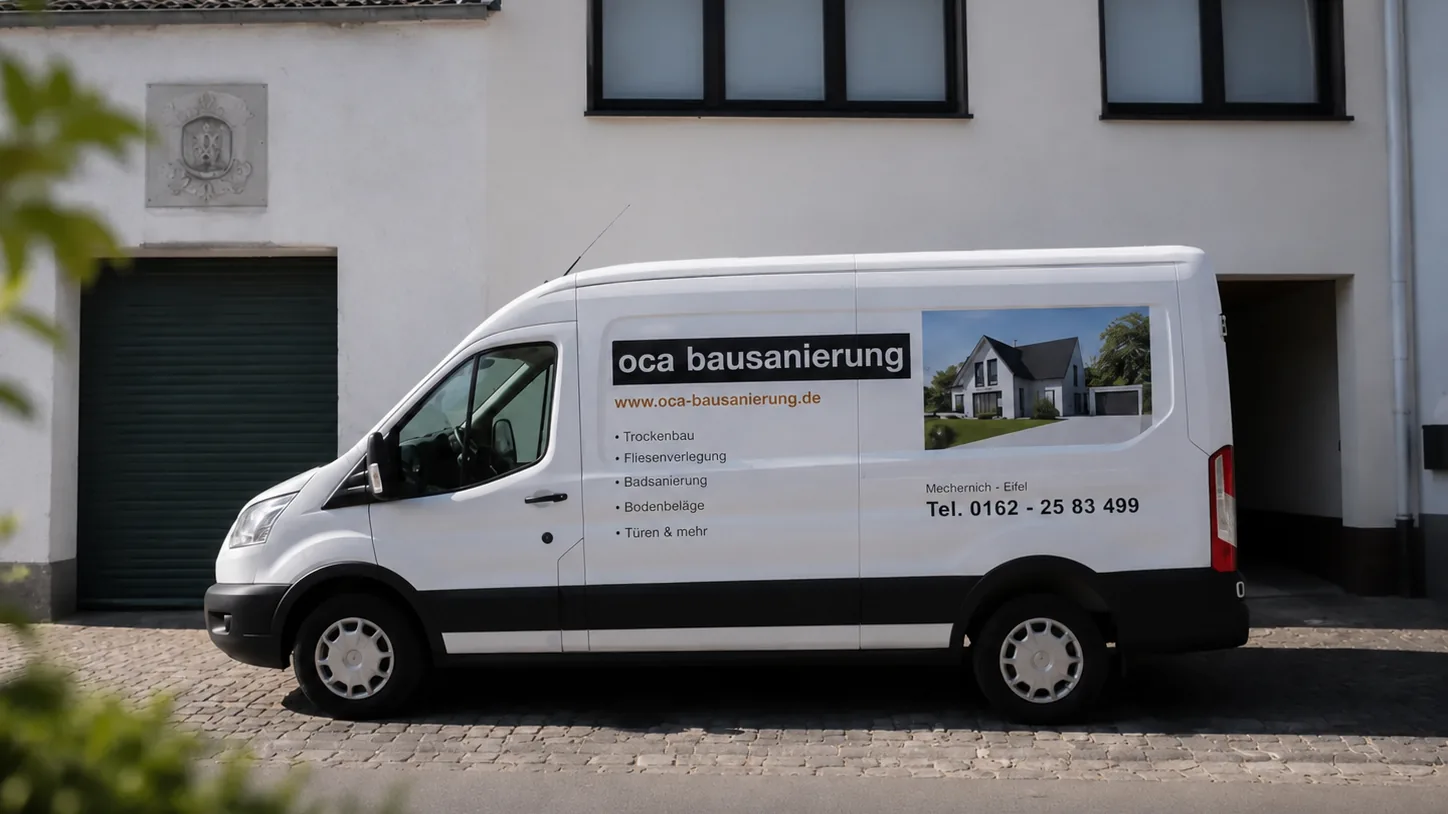 Firmenwagen der OCA Bausanierung vor einem Wohnhaus in Mechernich-Roggendorf
